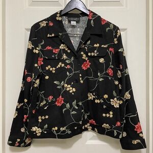 Requirements Linen Blend Button Up‎ Shirt Lightweight Jacket Black Floral Sz 14